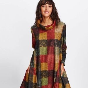 Shein Funnel Neck Plaid Pattern Shift Dres…